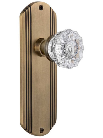 Streamline Deco Door Set with Fluted Crystal Glass Knobs - No Keyhole in Antique Brass .